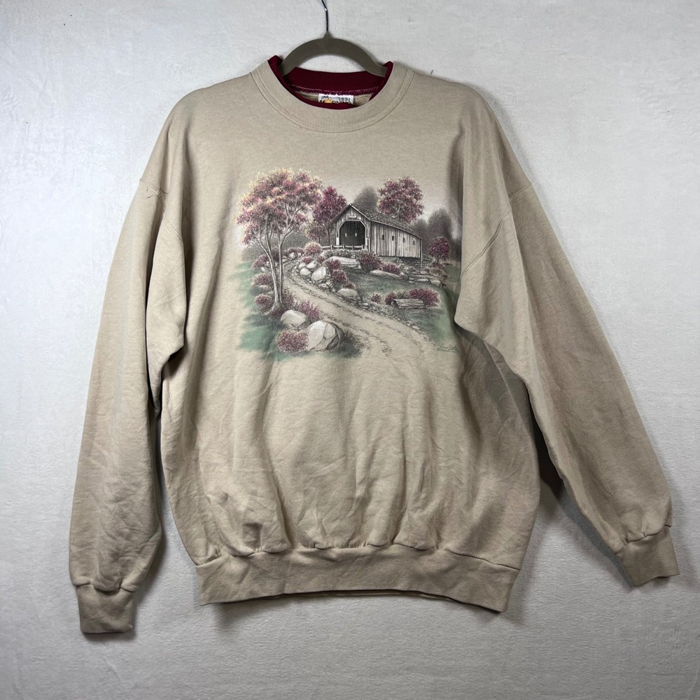 Vintage Morning Sun Covered Bridge Graphic Sweatshirt Tan Large Cottagecore